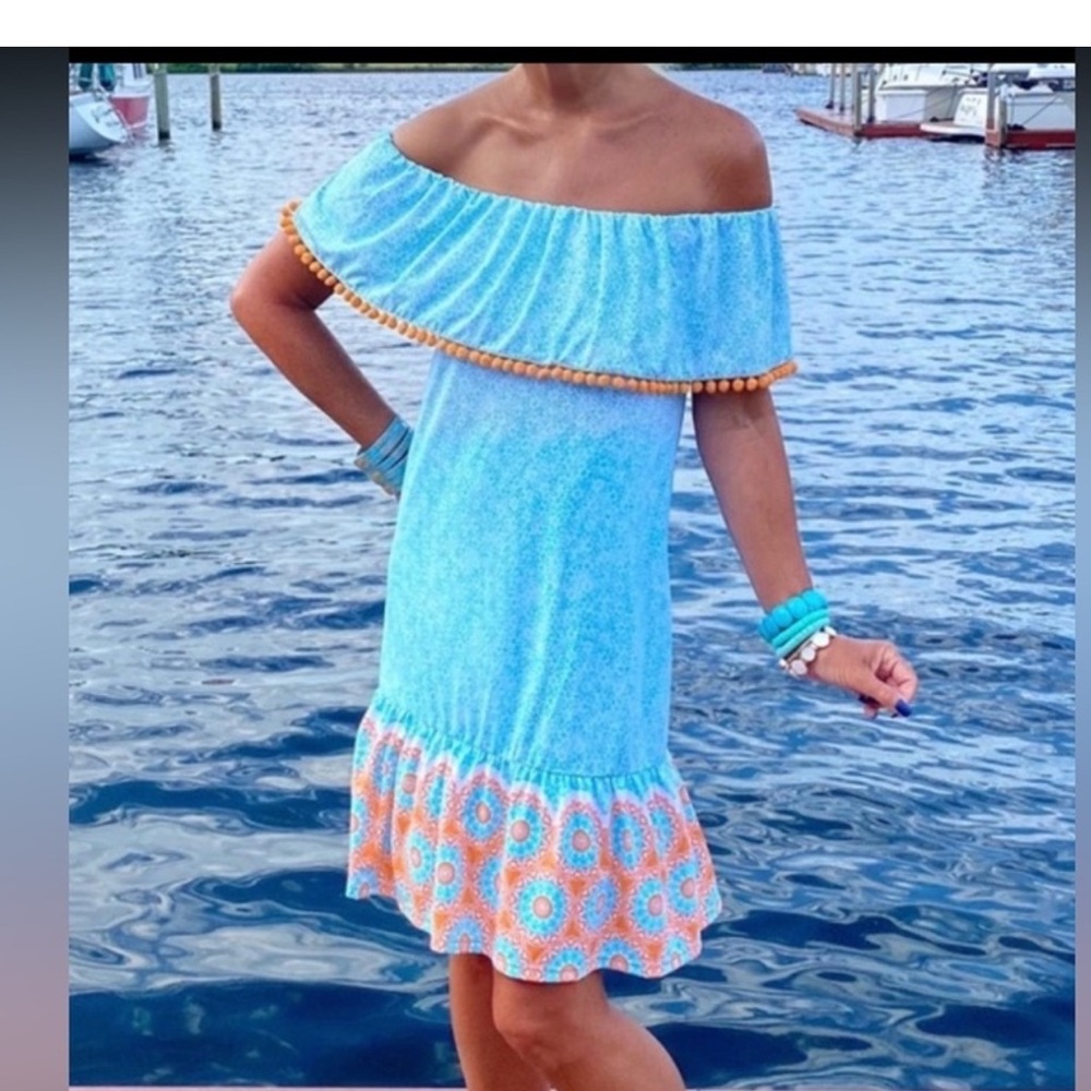 Cabana Life Aqua Citrus Off the Shoulder Pom Pom Dress Medium - Picture 2 of 11